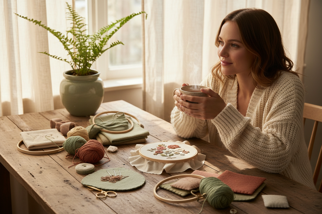 A lady sitting at a desk surrounded by craft materials, enjoying a calming cup of tea