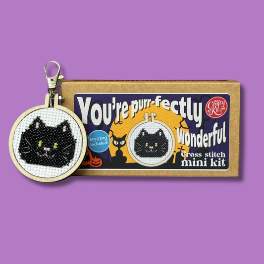 Cross stitch mini kit with black cat design on a purple background