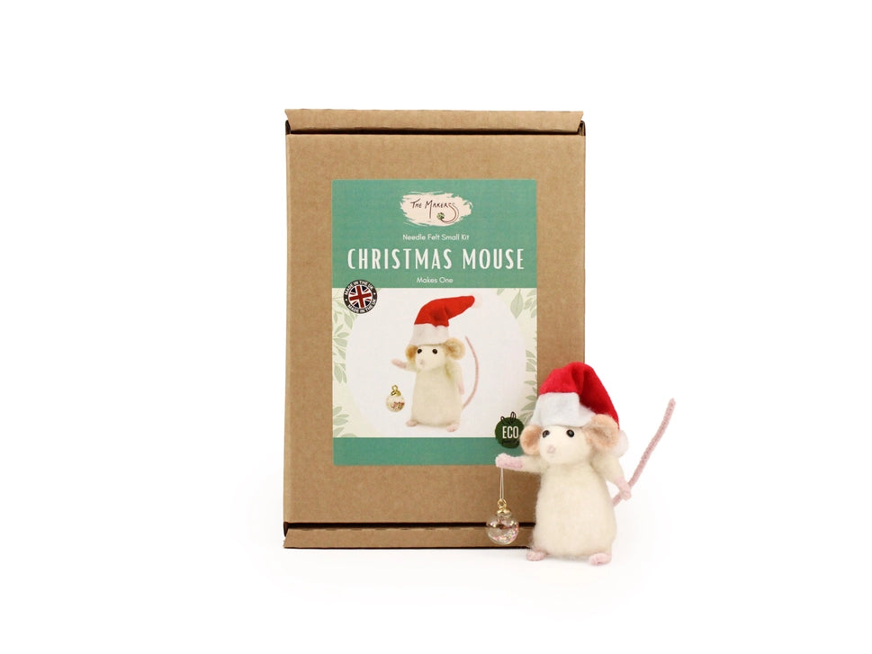 Christmas mouse with a Santa hat next to its packaging on a white background