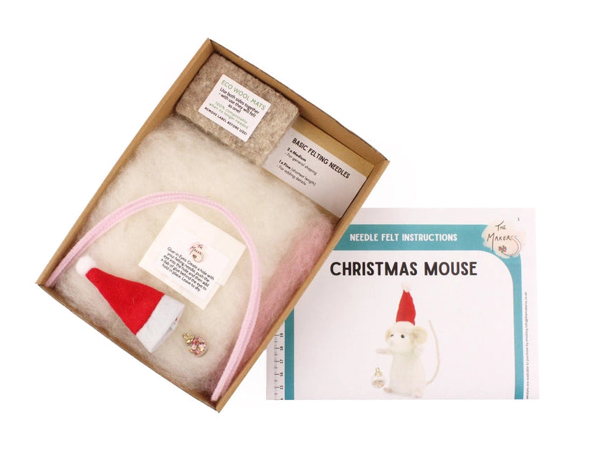 Christmas mouse craft kit with materials and instructions on a white background