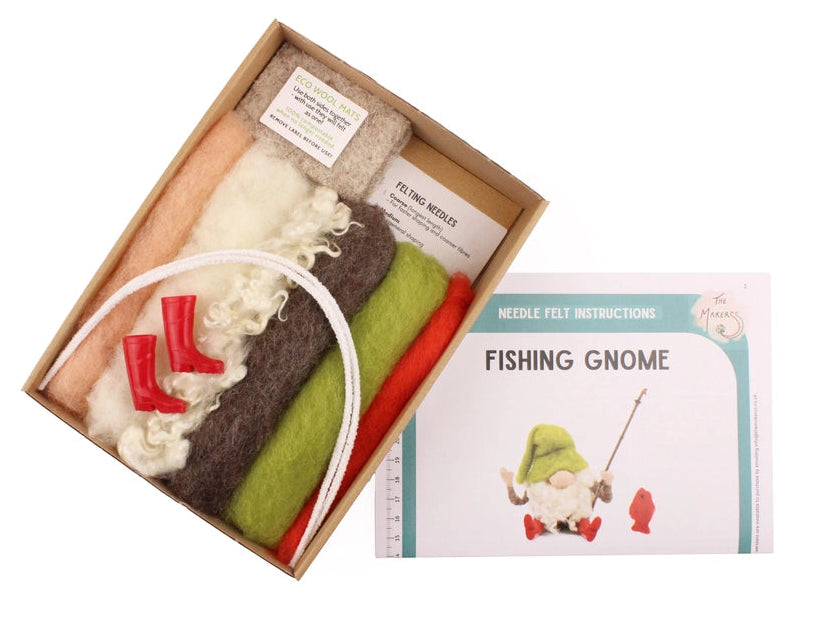 Needle Felt craft kit with materials and instructions for making a 'Fishing Gnome' on a white background.