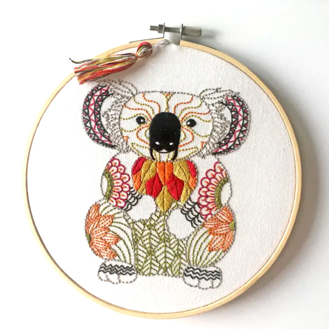 Koala Embroidery in colourful threads in an embroidery hoop on a white background