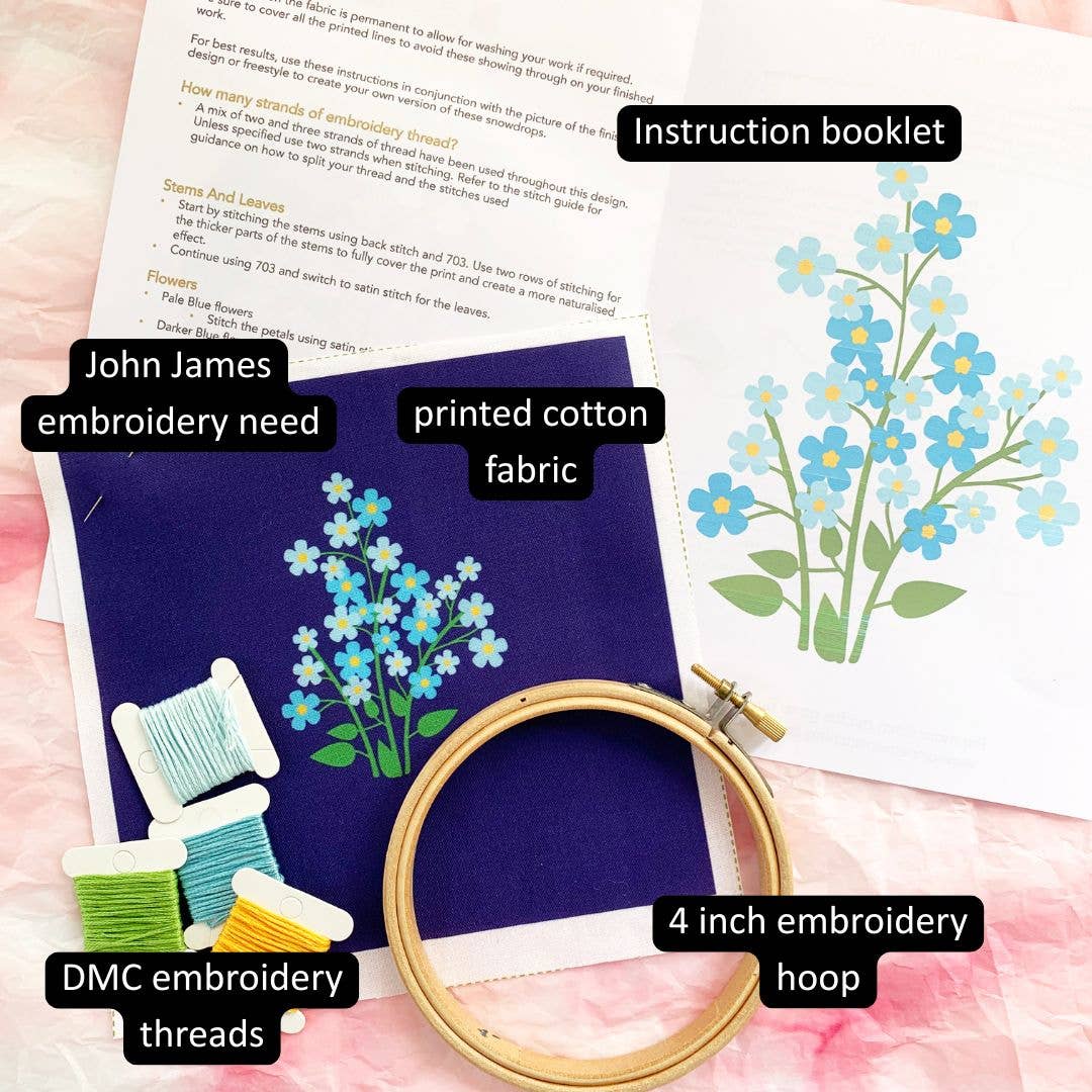 Embroidery kit contents arranged on a pink surface: a printed cotton fabric sheet with blue flower embroidery, a navy fabric sample, a wooden 4-inch embroidery hoop, DMC embroidery threads, and an instruction booklet. Text labels identify each item.