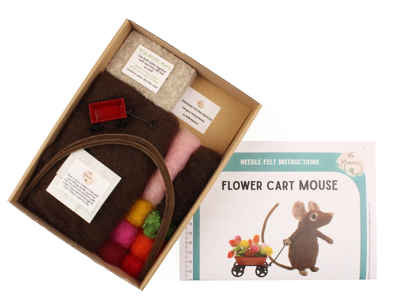 Craft kit with materials and instructions for making a 'Flower Cart Mouse' on a white background
