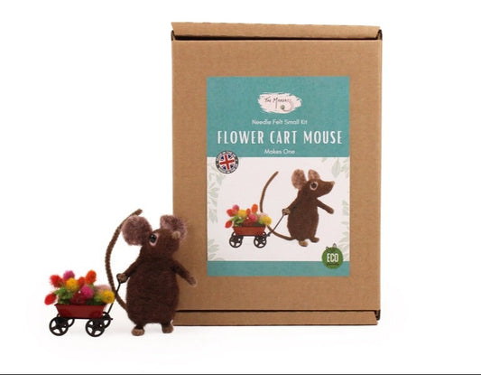 A brown cardboard box labeled 'Flower Cart Mouse' stands on a white background, with two small plush mouse figures in front of it. One dark brown mouse pulls a red wagon with colorful flowers, and a lighter brown mouse stands beside it.