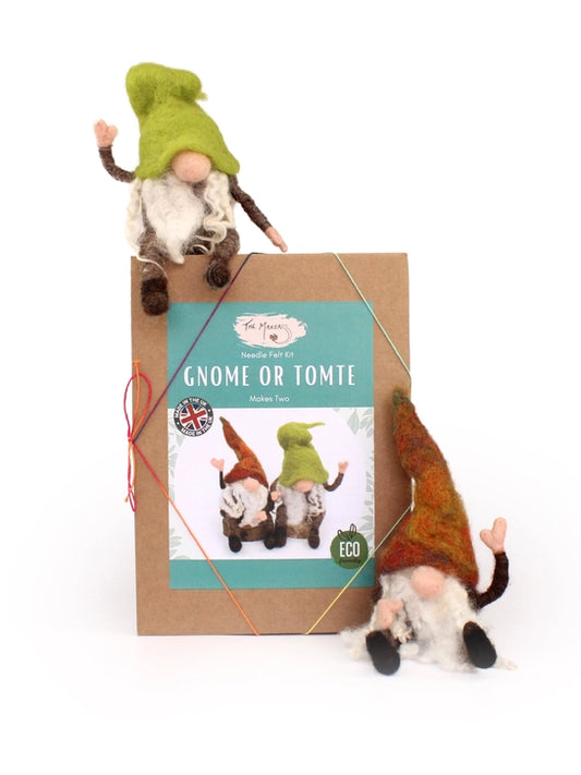 Gnome or Tomte craft kit with two finished gnomes on a white background