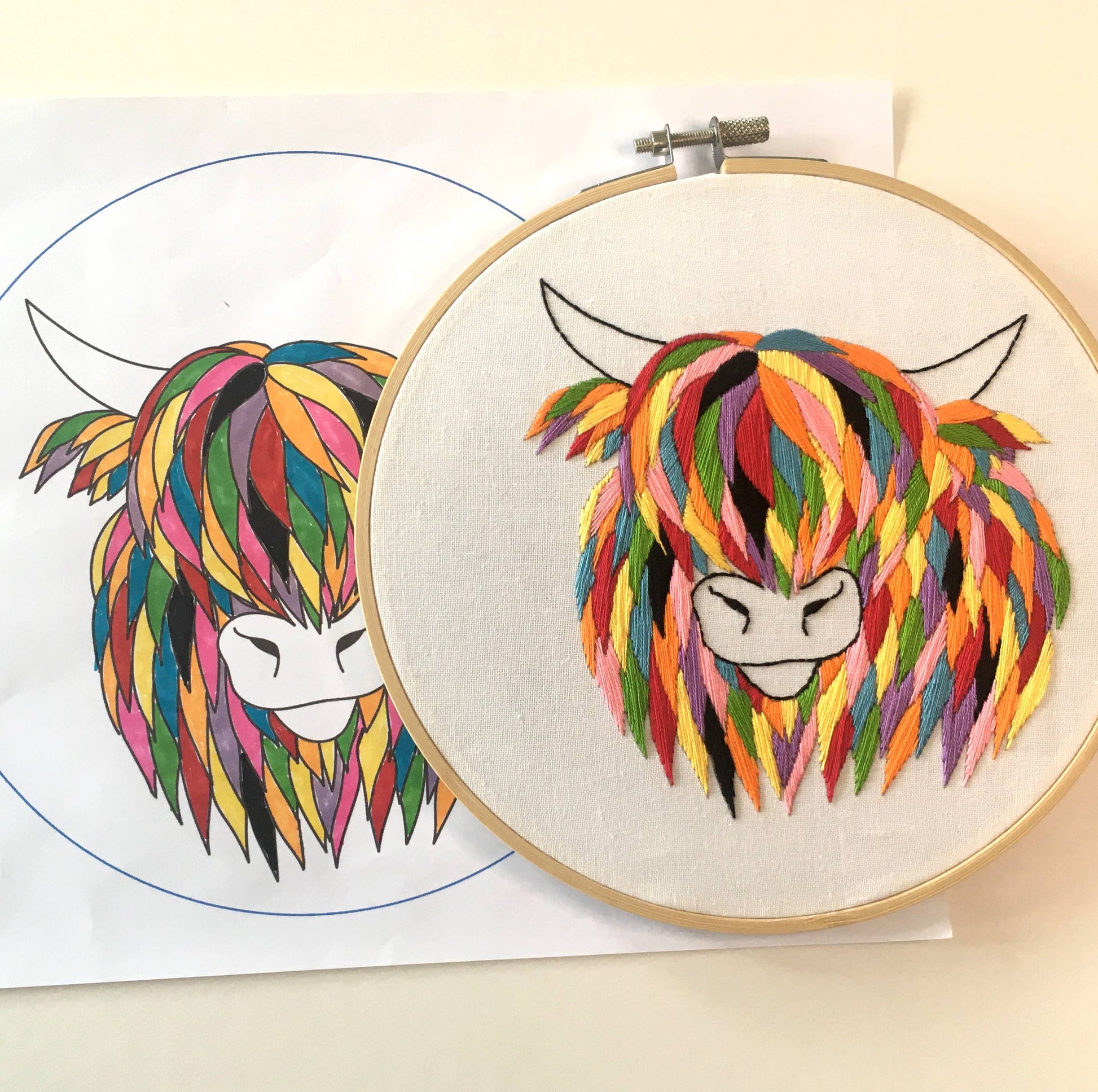 Embroidery hoop with colorful embroidered design of a highland cow head, next to a paper pattern.