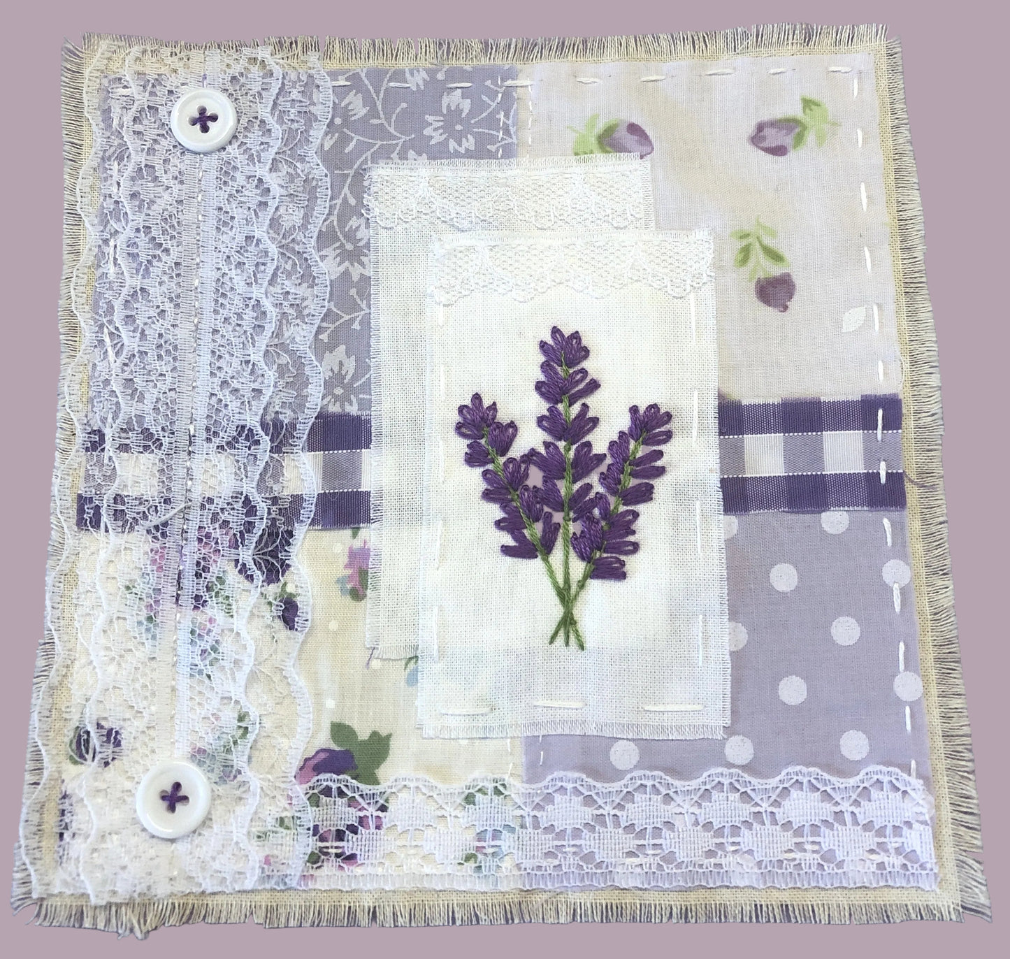 Decorative fabric panel with lavender design, lace, and buttons on a purple background