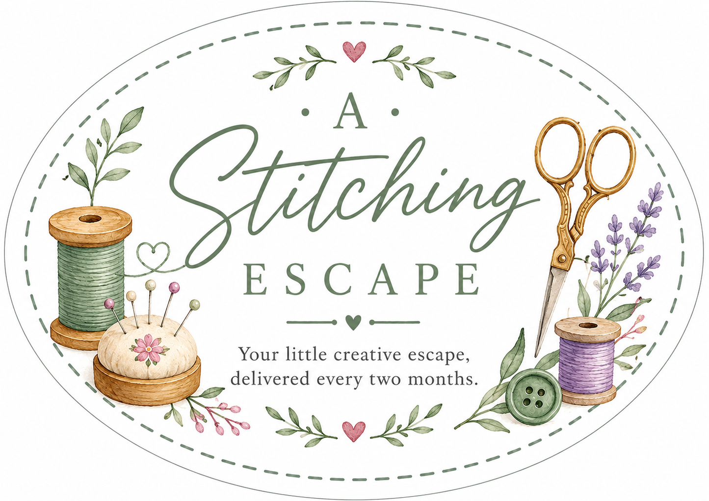 A circular watercolor-style graphic with the words 'A Stitching Escape' in green script and serif text, surrounded by sewing-themed illustrations including thread spools, gold-handled scissors, a pin cushion with pins, lavender sprigs, buttons, and small pink hearts on a white background.