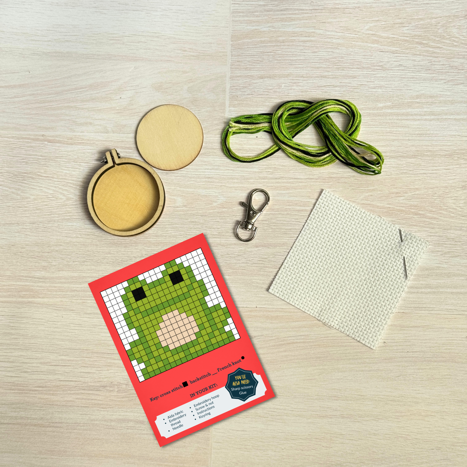 Cross-stitch kit with a red card featuring a green frog design, hoop, thread, and fabric on a wooden surface.
