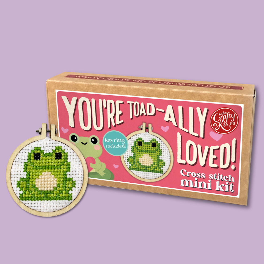 Cross stitch mini kit with toad design and 'You're Toad-ally Loved!' text on a purple background