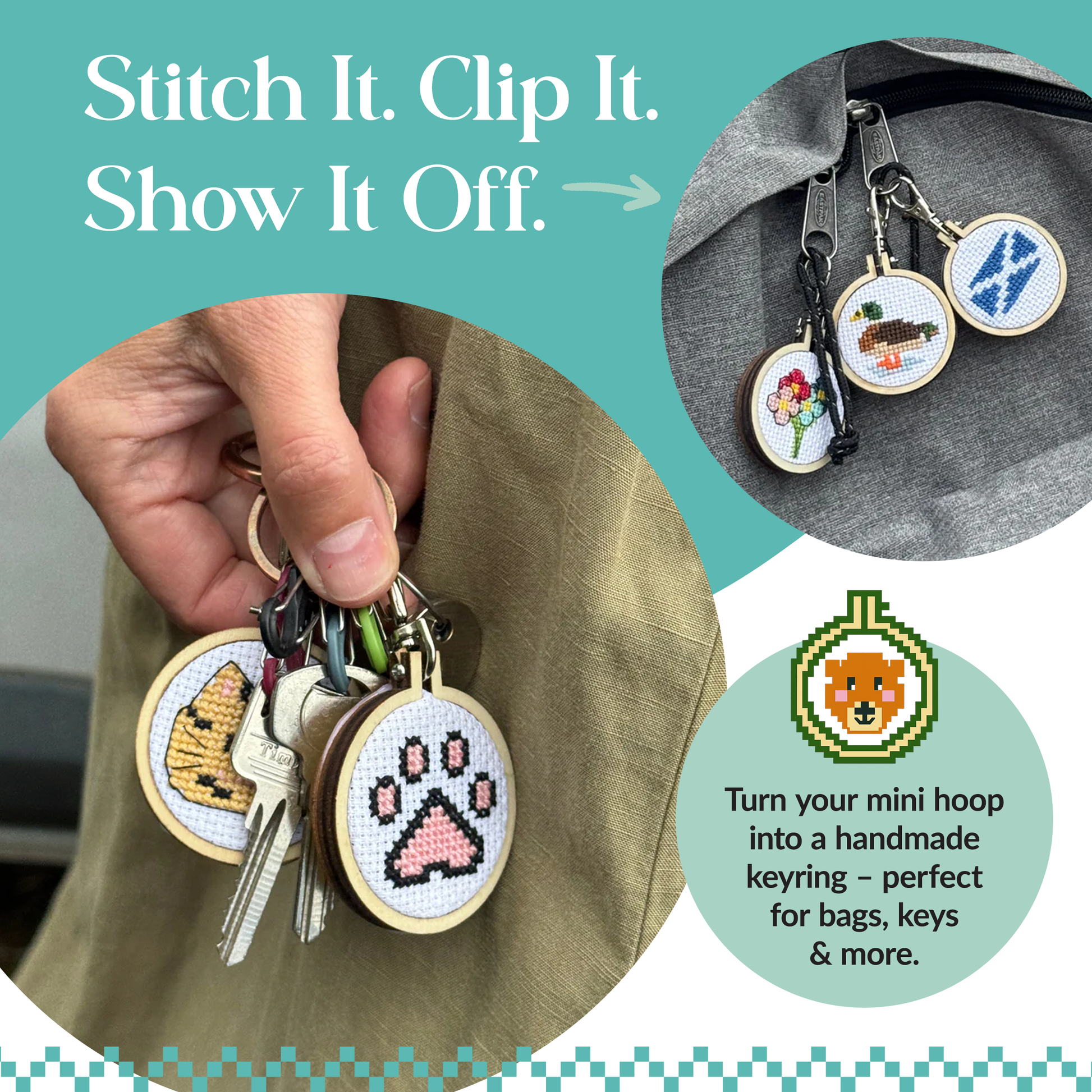 Keychain with cross-stitched charms featuring animals and a paw print, held by a hand.
