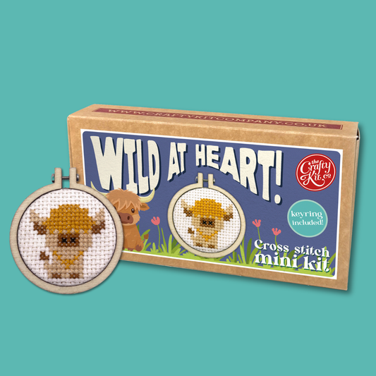 Cross stitch kit with 'Wild at Heart!' theme on a teal background
