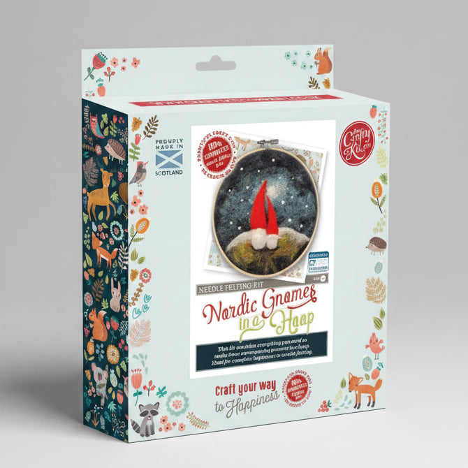 A boxed craft kit titled "Nordic Gnomes in a Loop" shown at a slight angle. The packaging is predominantly a very light icy blue with a dark navy side panel decorated with woodland animal illustrations, and a central display of a gnome-themed circular design.